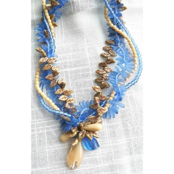 Vintage Czech Art Glass Fire Polished Bead Necklace Blue Beige - Picture 4 of 4